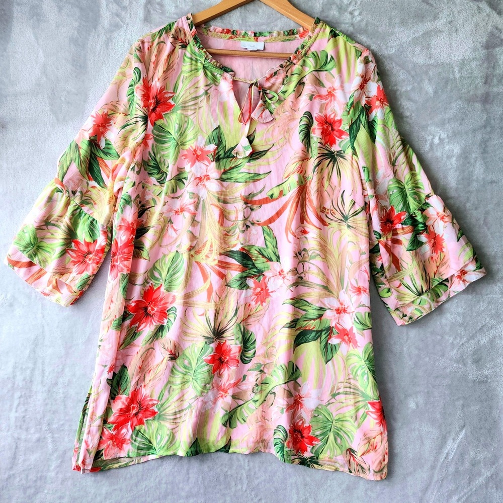 J. Jill Top Womens Size Large Tropical Floral Blouse Tiered Bell Sleeve Lined